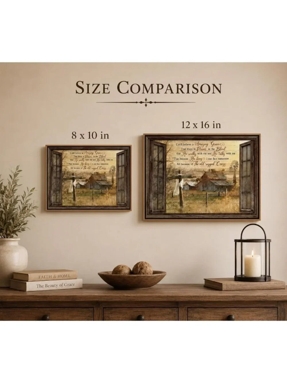 Rustic Christian Canvas Wall Art - Amazing Grace Cross Windmill Decor 12x16